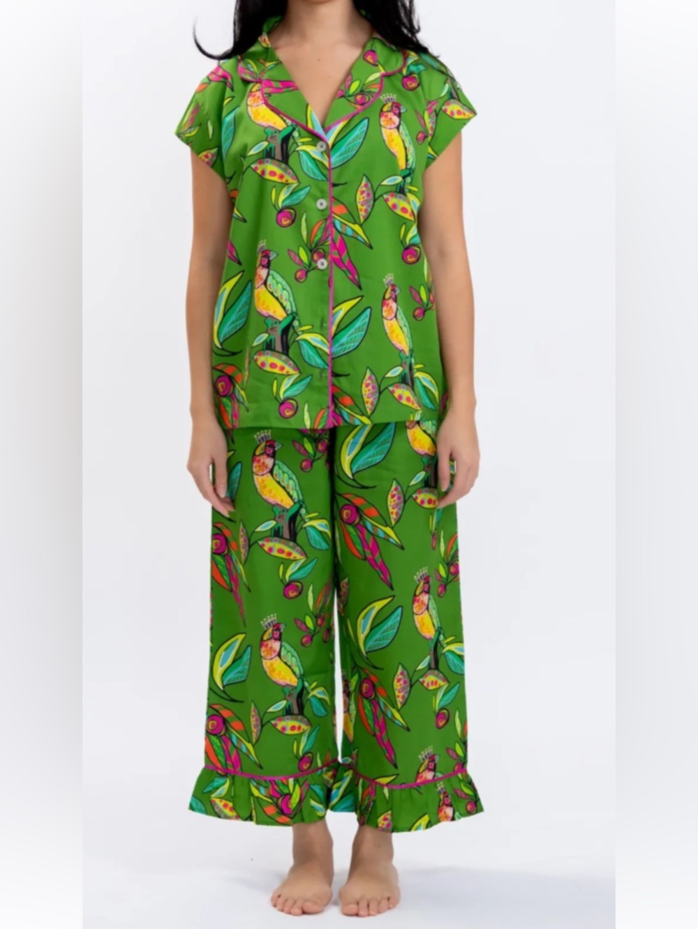Green Parrot-Print Pajama Set